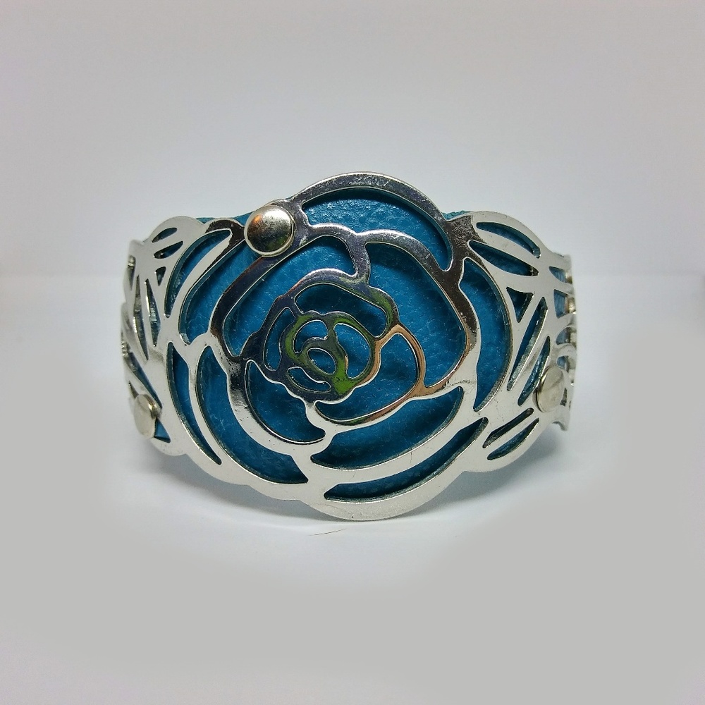 Blue Vegan Leather with Silver-tone Rose Cuff